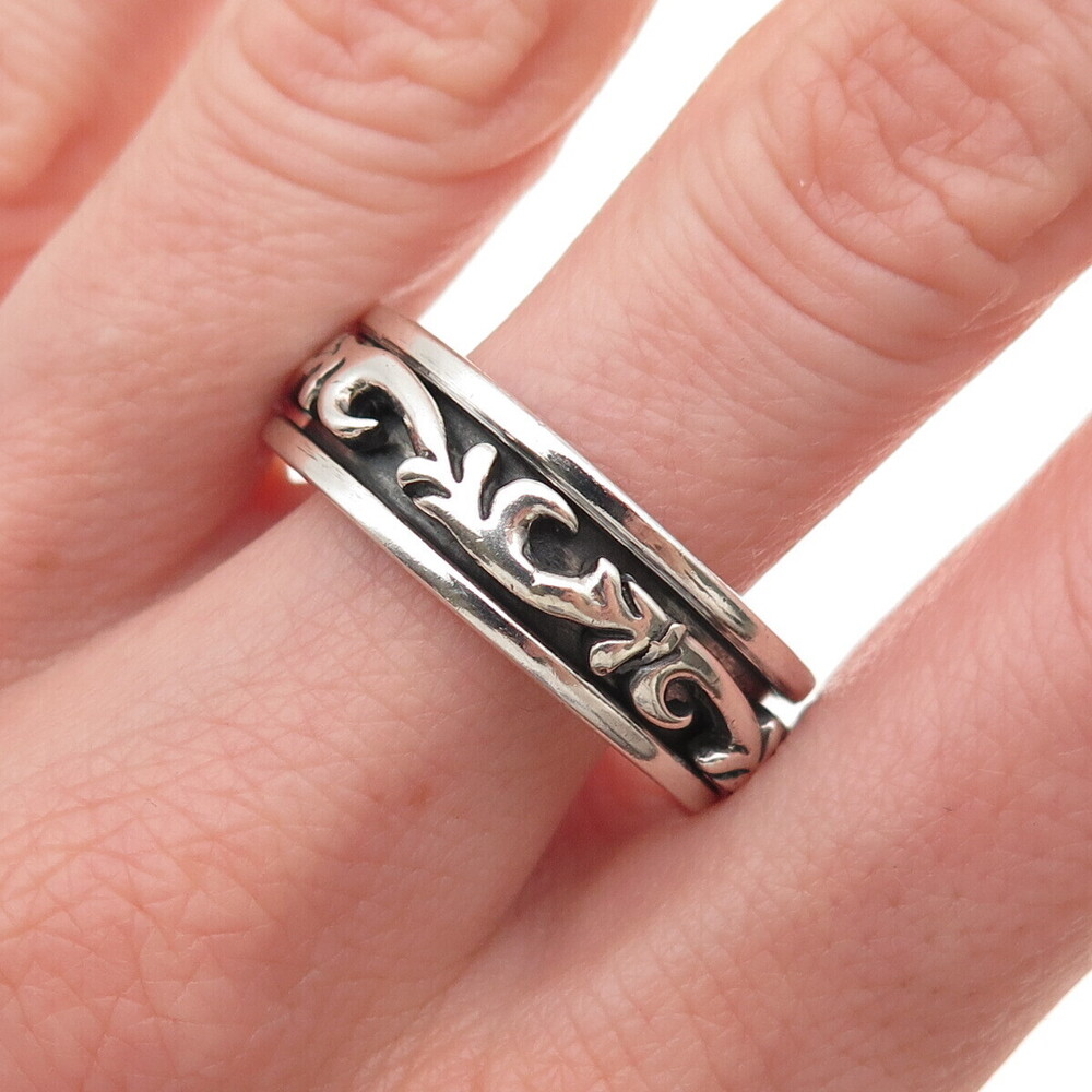 925 Sterling Silver Vintage Floral Scroll Oxidized Rotating Band Ring Size 13